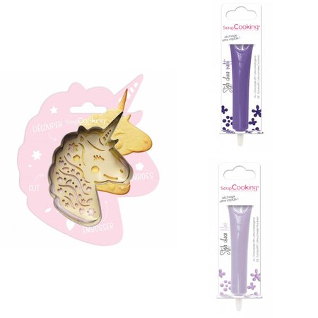 Kit pour biscuit en relief Licorne + 2 Stylos au chocolat violet et lilas
