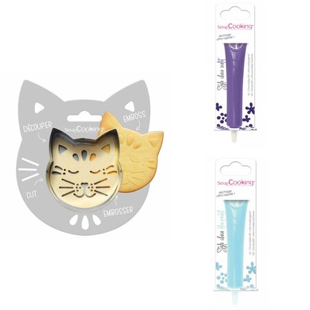 Kit pour biscuit en relief Chat + 2 Stylos au chocolat violet et bleu pastel