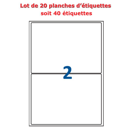 Lot de 20 planches étiquettes autocollantes sur feuille a4 : 199,6 x 143,5 mm (2 étiquettes par feuille, spéciales bons de transport)