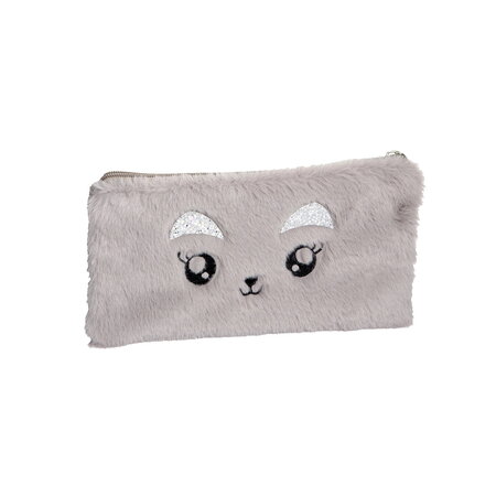 Trousse fourre tout plat 22 x 12 cm - peluche chat gris