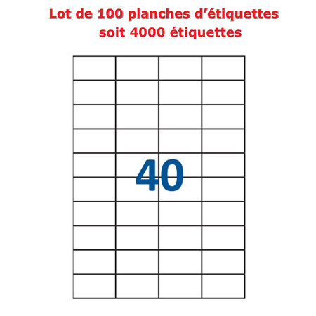 Lot de 100 planches étiquettes autocollantes sur feuille a4 : 52,5 x 29,7 mm (40 étiquettes par feuille)
