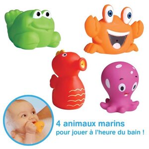 LUDI - Animaux marins en plastique pour jouer dans le bain. Des 6 mois. 4 poissons arroseurs rigolos. Jouet a emmener a la plage