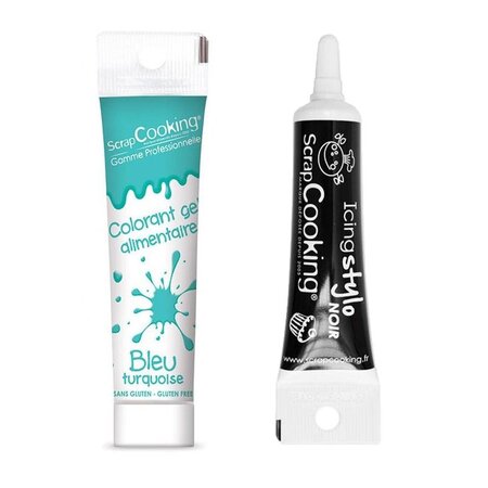 Gel colorant alimentaire bleu turquoise 20 g + Stylo glaçage noir