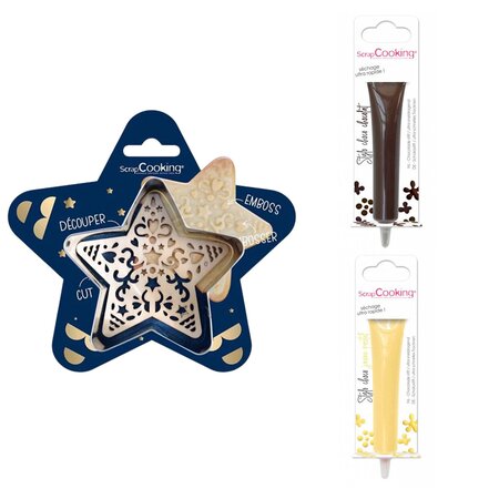 Kit pour biscuit en relief Étoile + 2 Stylos au chocolat marron et jaune pastel