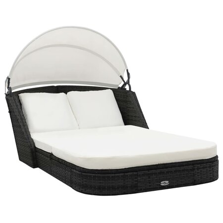 vidaXL Chaise longue avec auvent Résine tressée Noir