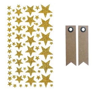 Stickers étoiles à paillettes dorées + 20 étiquettes kraft Fanion