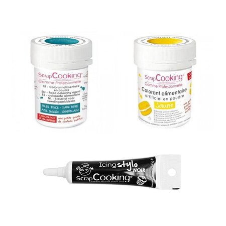 2 colorants alimentaires bleu foncé-jaune + Stylo glaçage noir