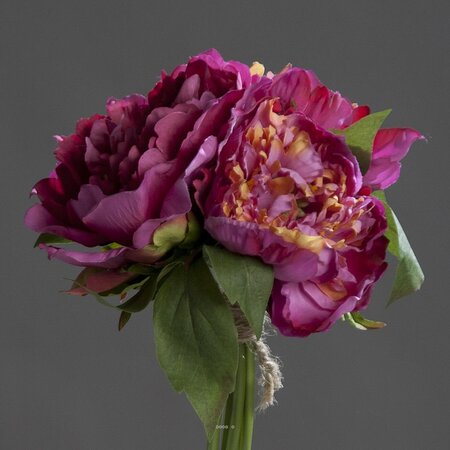 Bouquet de 3 pivoines fuchsia épanouies factices corde & feuille h26cm - couleur: rose fushia