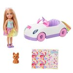 Barbie - chelsea et sa décapotable licorne et arc-en-ciel  avec autocollants et accessoires - véhicule poupée mannequin - des 3 ans