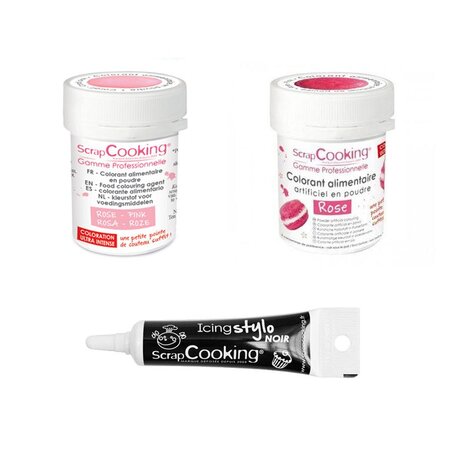 2 colorants alimentaires rose poudré-rose + Stylo glaçage noir