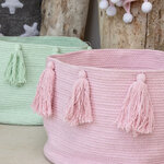 Panier de rangement en coton tressé rose avec pompons 30 x 45 x 45 cm