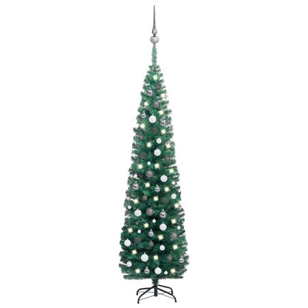 vidaXL Sapin de Noël artificiel mince pré-éclairé et boules vert 210cm