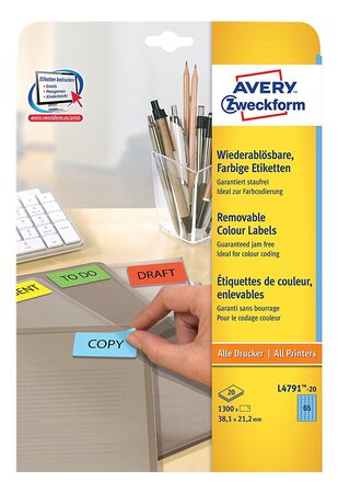 Etiquettes stick&lift 38x21,2 mm bleu1300 sur 20 f a4 avery zweckform