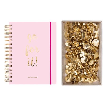 Bullet journal rose à spirale 96 feuilles 16 5 x 21 5 cm + 150 punaises dorées