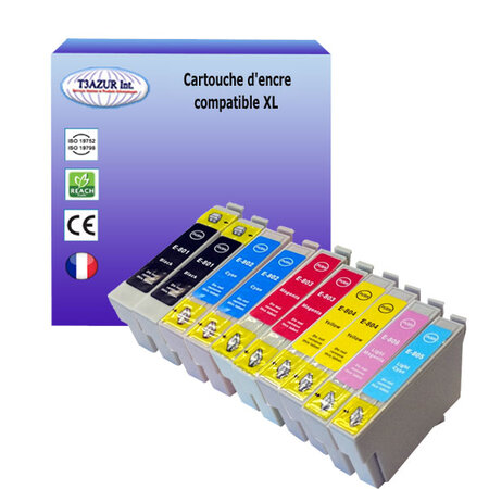 10 Cartouches Compatibles pour Epson Stylus Photo R217 R265 R276 R285 R360 R585 R685 RX560 RX585 RX685 remplace Epson T0801/2/3/4/5/6  - T3AZUR