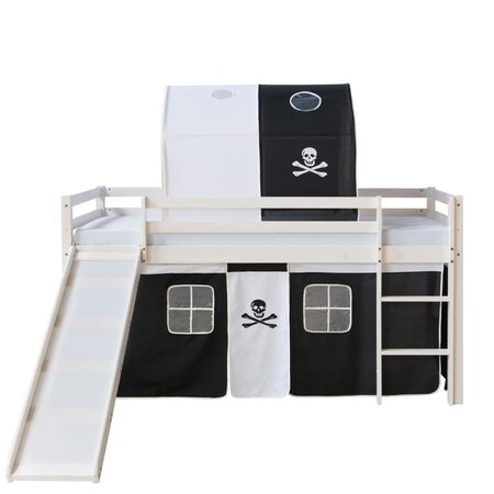Lit mezzanine 90x200 avec échelle Tunnel Toboggan et Rideau Pirate Noir