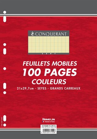 Feuillets mobiles 21x29,7 cm 100 pages grands carreaux jaunes 80g CONQUÉRANT