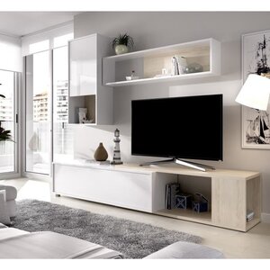 Meuble TV extensible - Classique - Panneau de particules revetement mélaminé - Chene naturel et blanc - L 230 x P 41 x H 180 cm