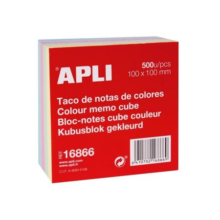 Bloc de 500 notes de couleurs assorties 100x100mm apli 16866