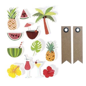 12 stickers 3D Tropical 5 5 cm + 20 étiquettes kraft Fanion