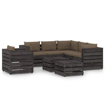 vidaXL Salon de jardin 8 Pièces avec coussins Bois imprégné de gris