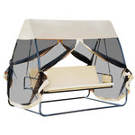 Balancelle de jardin convertible 3 places grand confort : matelas assise dossier  moustiquaire intégrale zippée avec toit   pochette rangement métal époxy polyester beige