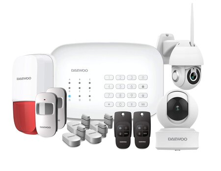 DAEWOO Système d'alarme connecté WiFi/GSM Modèle Premium avec sirène et Batterie intégrées, RFID, livré avec 10 Accessoires, 2 Caméras DAEWOO IP501 et EP501 Full HD et 1 Sirène extérieure