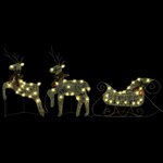 vidaXL Décoration de Noël Rennes avec traîneau 140 LED Extérieur Doré
