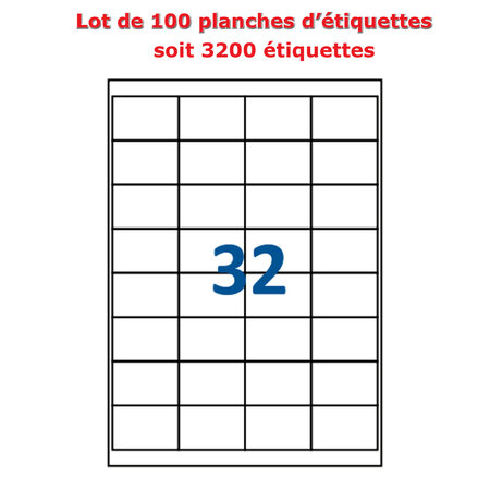 Lot de 100 planches étiquettes autocollantes sur feuille a4 : 51 x 34 mm (32 étiquettes par feuille, spéciales bons de transport)