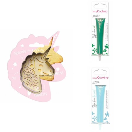 Kit pour biscuit en relief Licorne + 2 Stylos au chocolat vert et bleu pastel