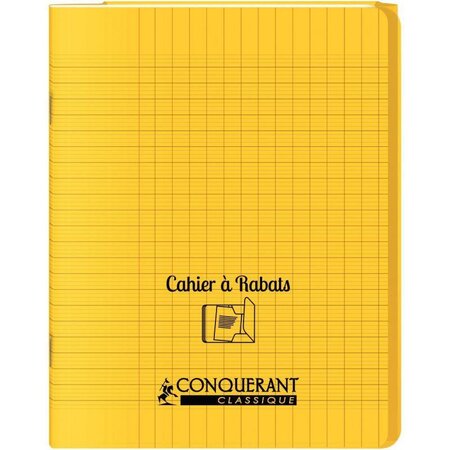Cahier 96 pages seyès 90 g avec couverture polypropylène jaune 3 rabats  format 17 x 22 cm CONQUERANT