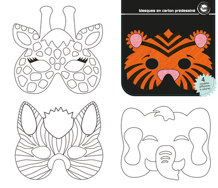 Masques enfant carton prédessiné animaux jungle 17x14 cm 12 pièces