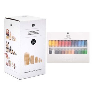 5 poupées russes Matriochkas en bois brut + Set 24 peintures acryliques 22 ml
