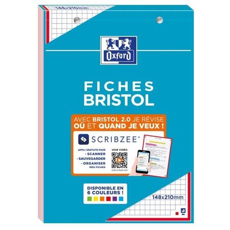 OXFORD - Bloc fiche bristol 2.0 perforé - 14,8 x 21 cm - 30 fiches - 210g - 5x5 - Rouge