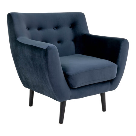 Fauteuil bas en velours bleu foncé avec pieds en bois noir