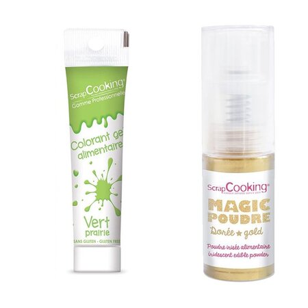 Gel colorant alimentaire vert clair + Poudre alimentaire irisée dorée