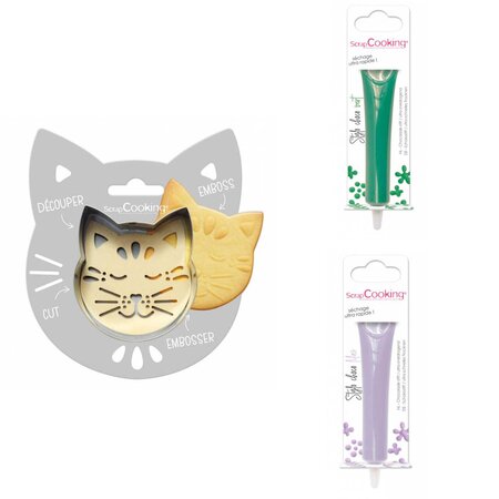 Kit pour biscuit en relief Chat + 2 Stylos au chocolat vert et lilas