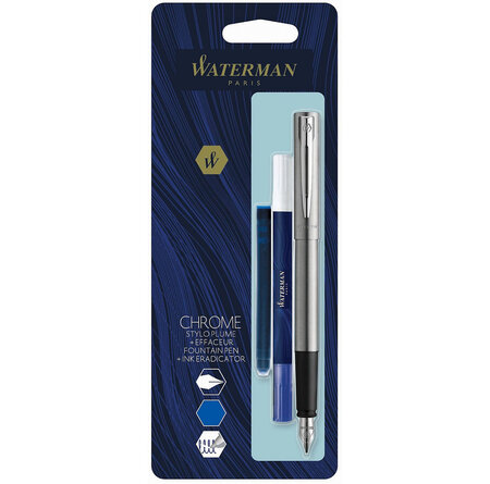 Waterman graduate allure stylo plume  chrome  plume fine  cartouche encre bleue  effaceur-réécriveur  blister
