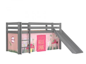 Lit Enfant Surélevé Avec Toboggan Pino 90x200cm Gris + Rideau de lit Spring
