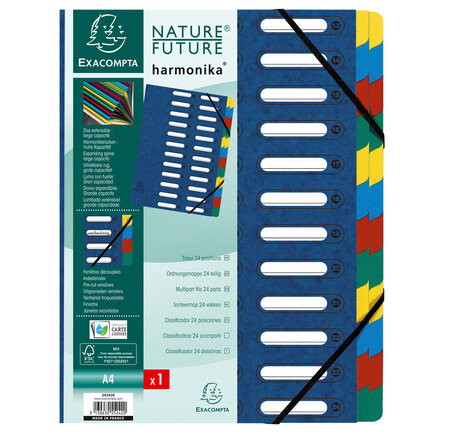 Trieur HARMONIKA à fenêtres et élastiques carte lustrée 24 comp. Bleu EXACOMPTA