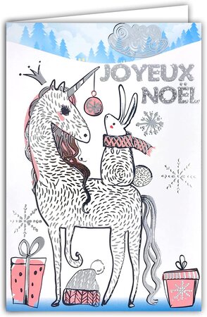 Carte joyeux noël licorne flocons neige lapin argenté brillant avec enveloppe