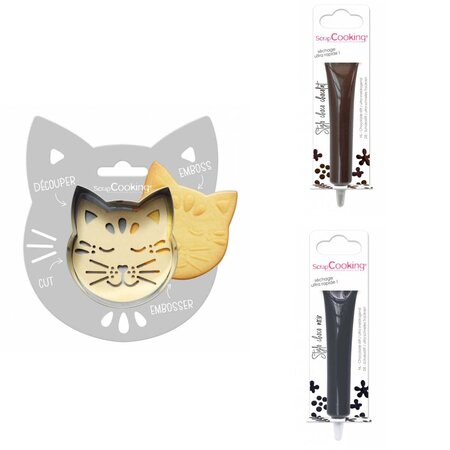 Kit pour biscuit en relief Chat + 2 Stylos au chocolat marron et noir