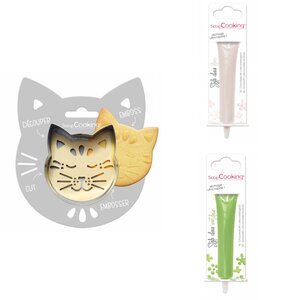 Kit pour biscuit en relief Chat + 2 Stylos au chocolat blanc et vert