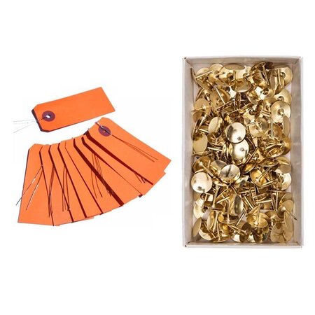 10 étiquettes orange fil métal + 150 punaises dorées