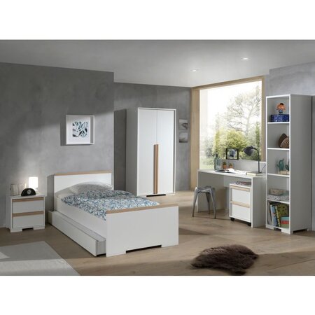 LONDON Blanc Lit + Chevet + Armoire + Bureau + Caisson de bureau + bibliothèque + Lit gigogne