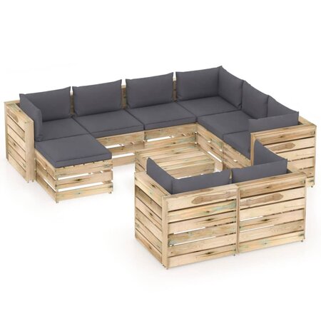 vidaXL Salon de jardin 10 Pièces avec coussins Bois imprégné de vert
