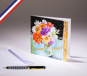Carte double in the garden créée et imprimée en france sur papier certifié pefc - un grand merci - bouquet de fleurs