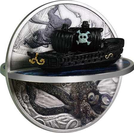 Pièce de monnaie en argent 5 dollars g 62.2 (2 oz) millésime 2023 three-dimensional pirate ship 3d