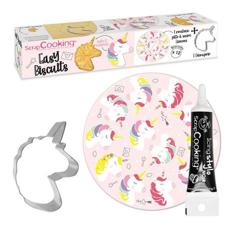Kit décoration de biscuit Ø 29 5 cm Licorne + Stylo de glaçage noir