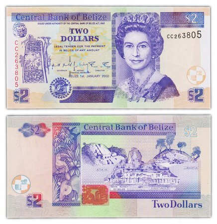 Billet de collection 2 dollars 2002 belize - neuf - p60b